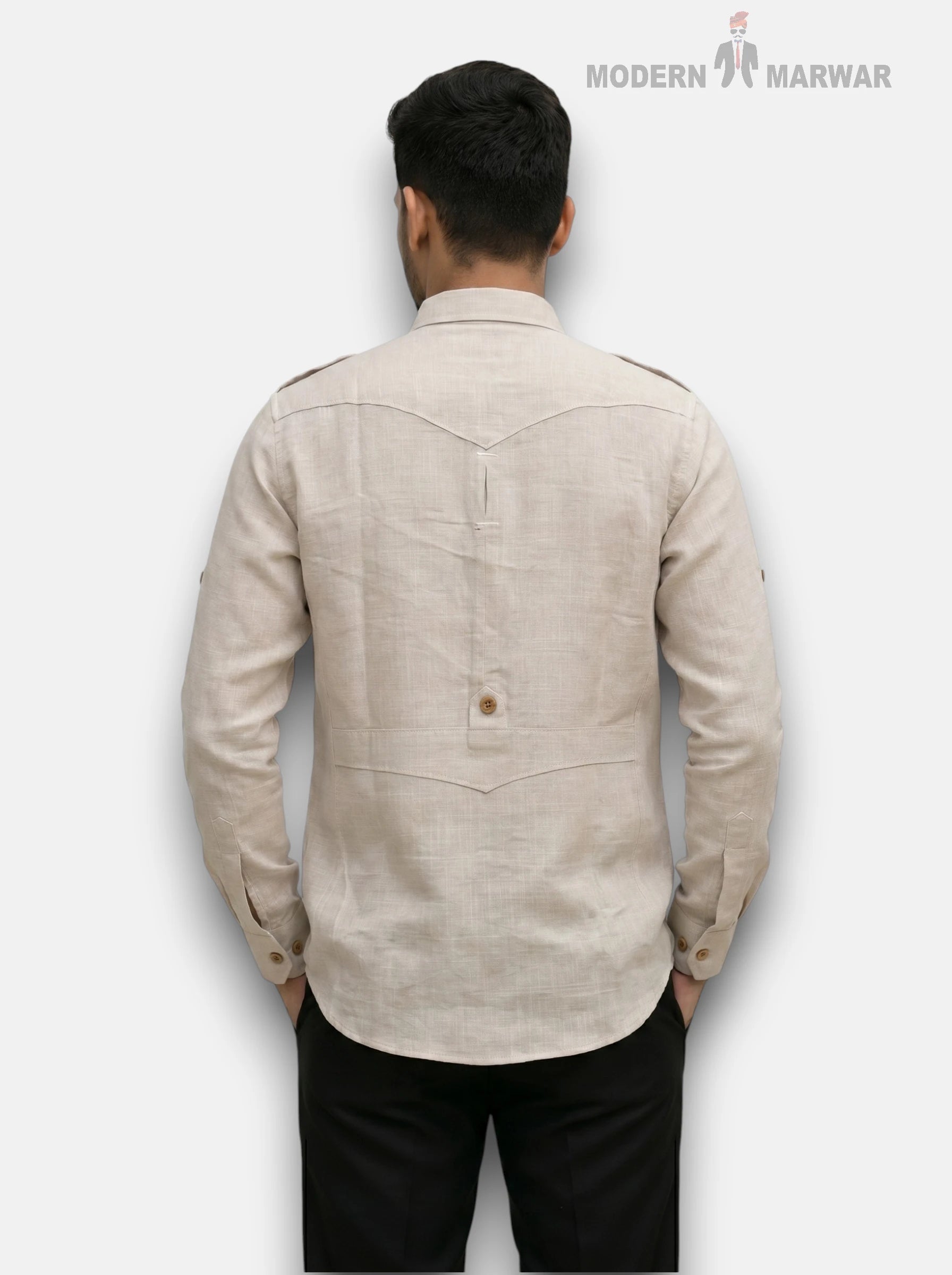M beige Hunting Linen 4P-13-5019 Shirt in back view showcasing breathable fabric