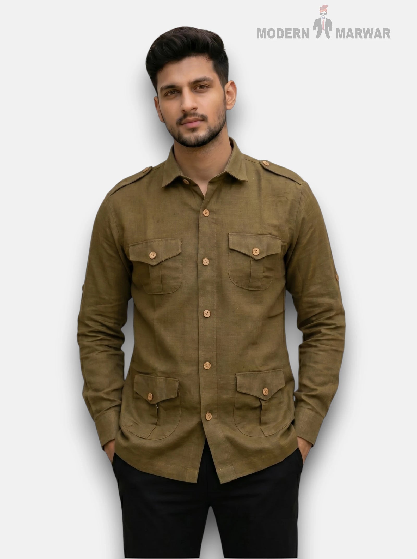 M Hunting Linen 4P-13-5019 Shirt in Olive Green Fabric with Front Pockets