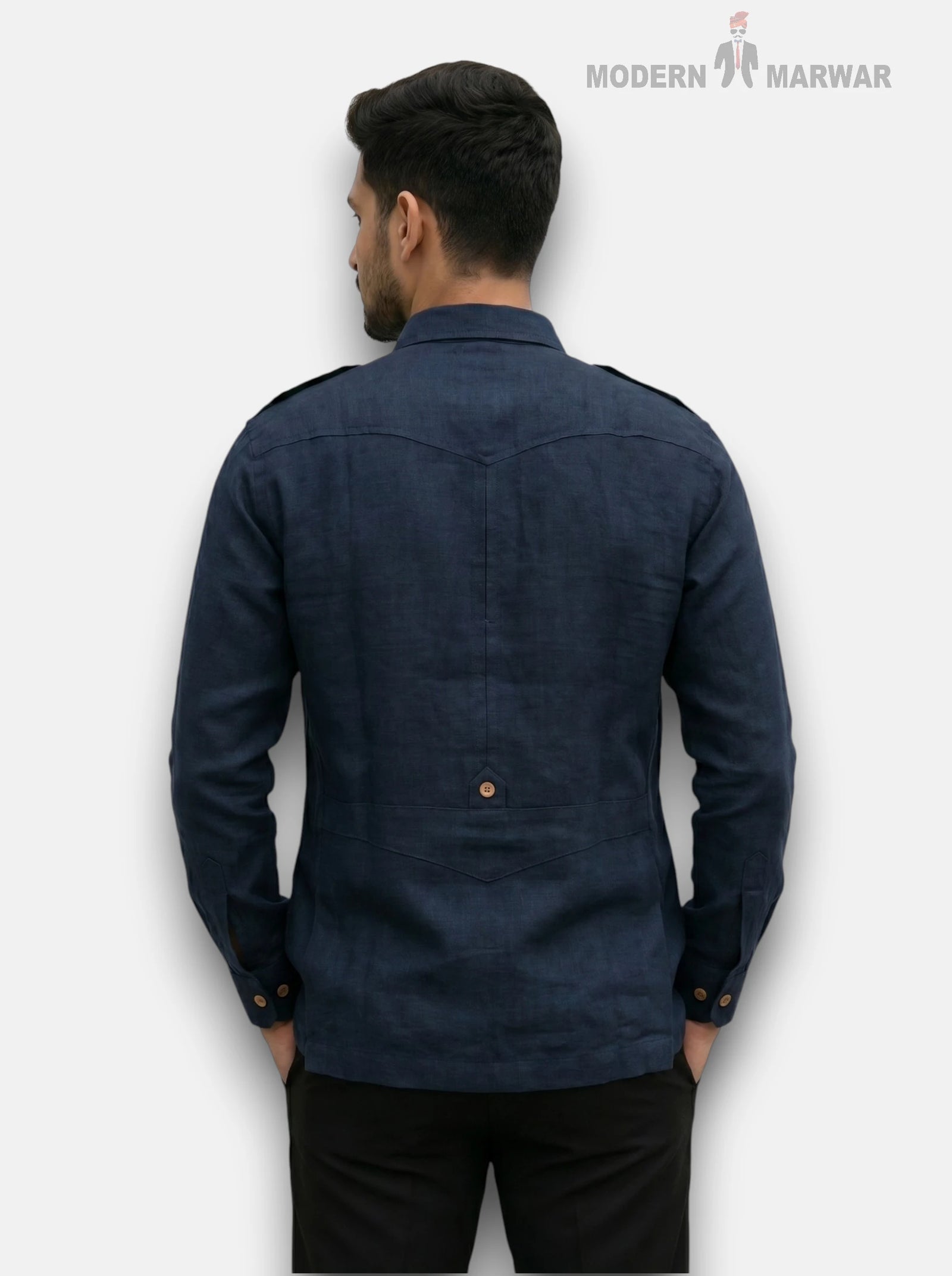 M Shirt in Navy Blue Linen, Back View; Hunting Linen 4P-13-5019 Shirt
