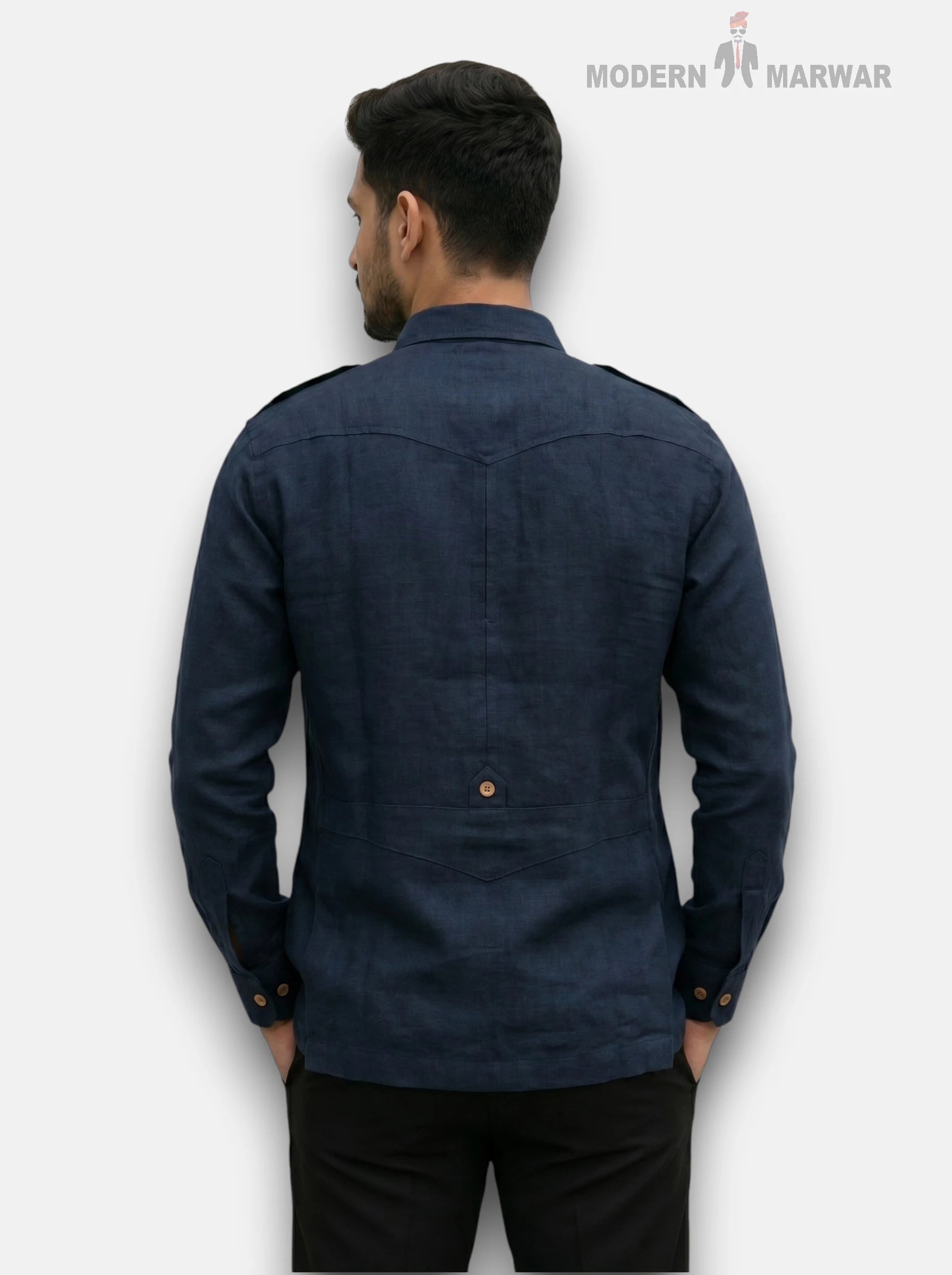 M Shirt in Navy Blue Linen, Back View; Hunting Linen 4P-13-5019 Shirt