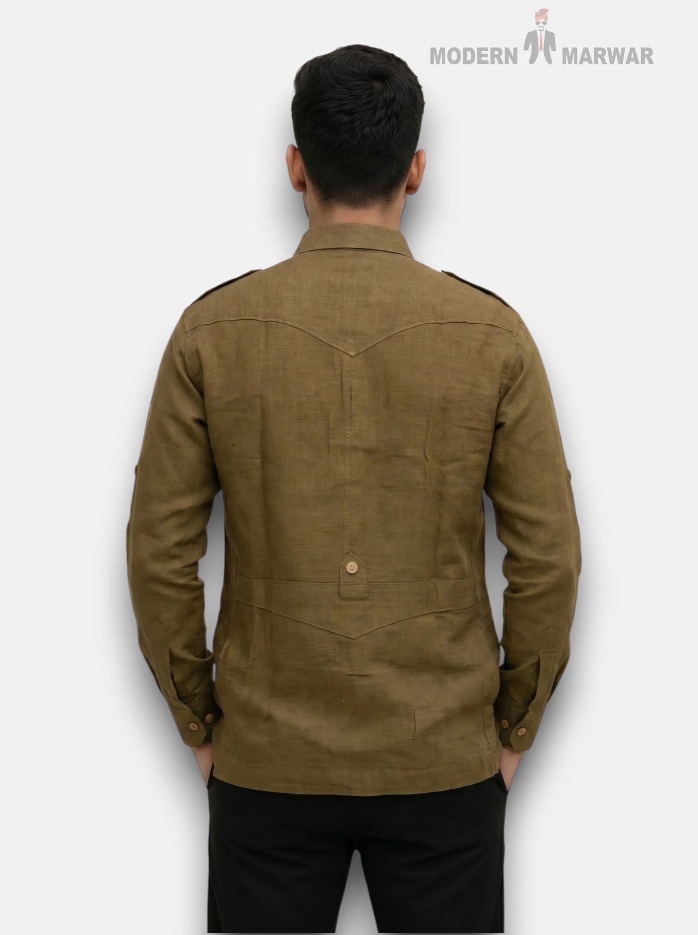 M Shirt in Olive Green Linen from SINGH, back view featuring Hunting Linen 4P-13-5019 Shirt