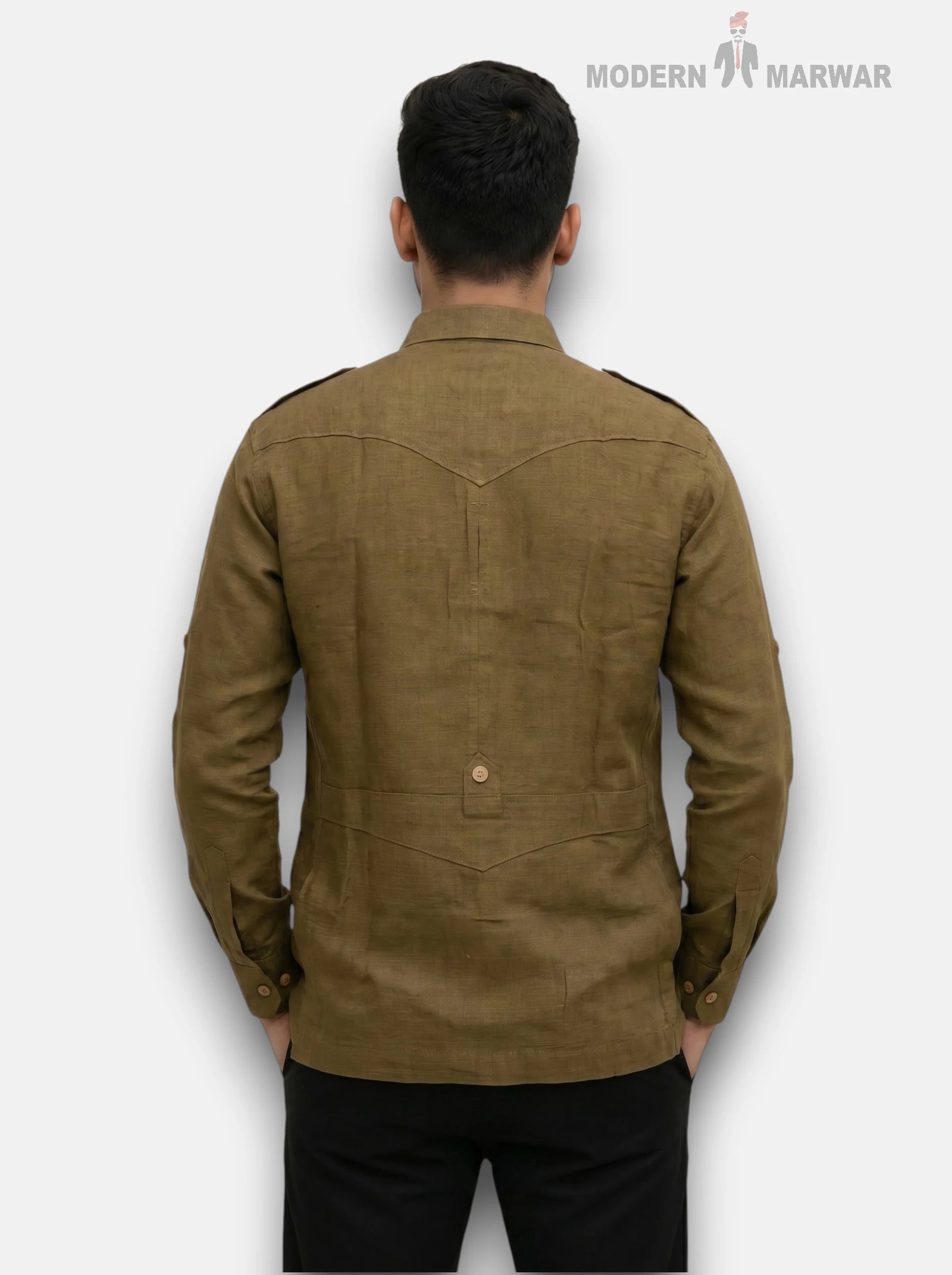 M Shirt in Olive Green Linen from SINGH, back view featuring Hunting Linen 4P-13-5019 Shirt